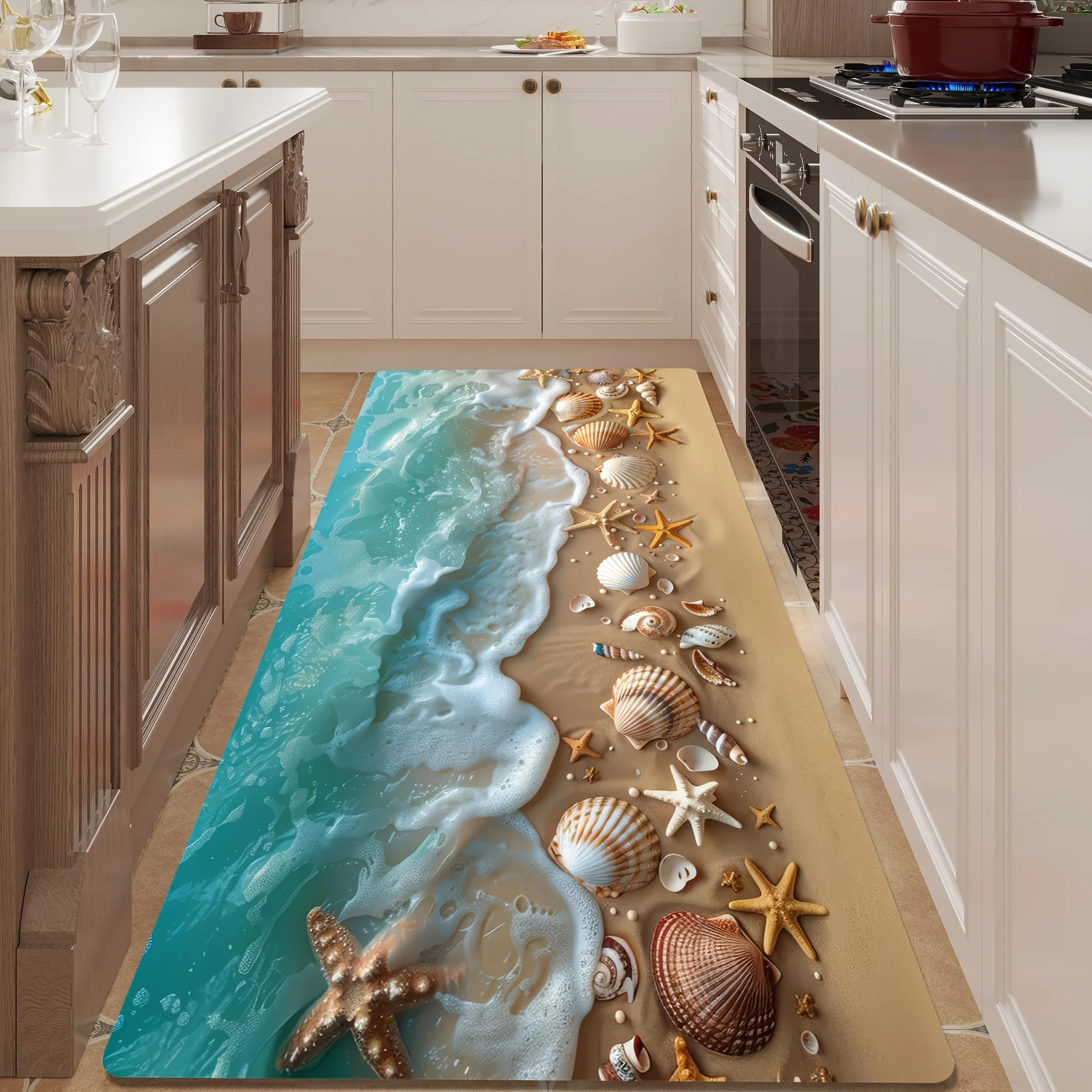 2D Ocean Beach Kitchen Runner Rug Seaside Wave Foam Sand Starfish Seashell Print Long Rectangular Hallway Decor Floor Mat