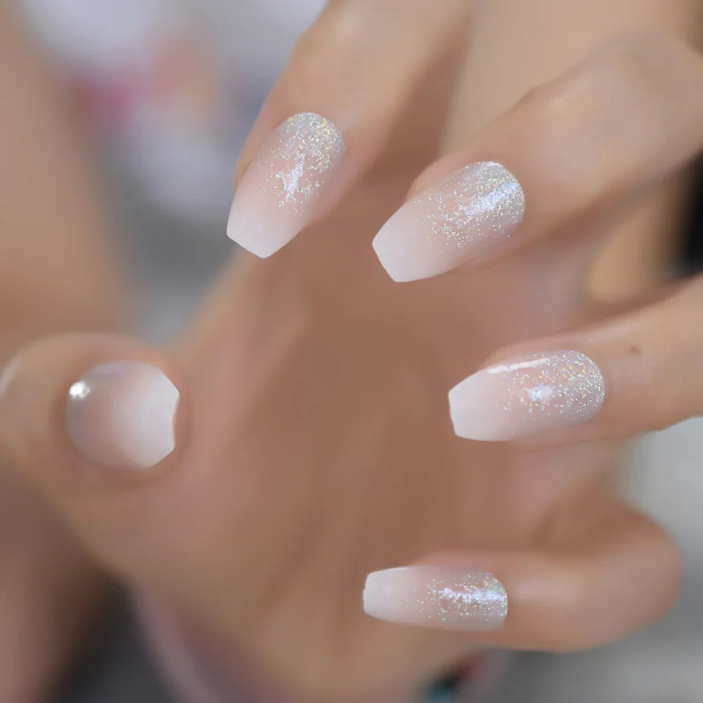 Holographic Silver Glitter Acrylic Nails Ombre French Fake Nails Coffin Shape Nude Nail Art Tips Pre-designed image 5