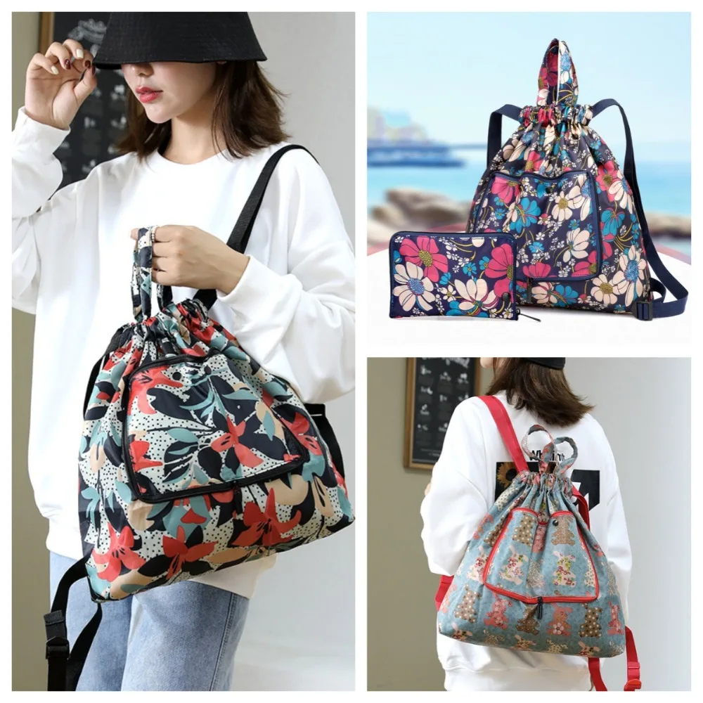 Casual Lightweight Drawstring Bag Animal Flower Shopping Bag Nylon Multifunctional Folded Backpack Trips