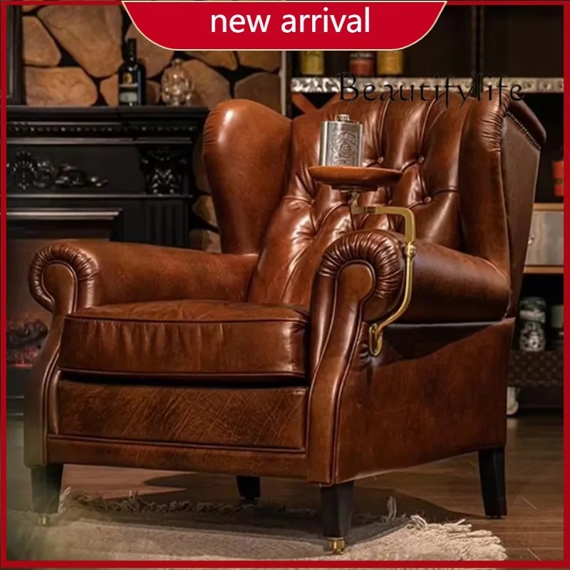 

Modern American retro oil wax leather leather single sofa chair home living room leisure recliner