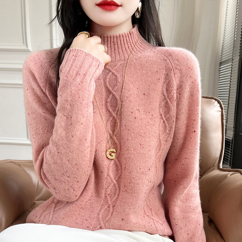 2024 Autumn/Winter New 100% Wool Half High Collar Sweater Women\'s Casual Knit Pullover Loose Fashion Sweater Versatile Soft Tops