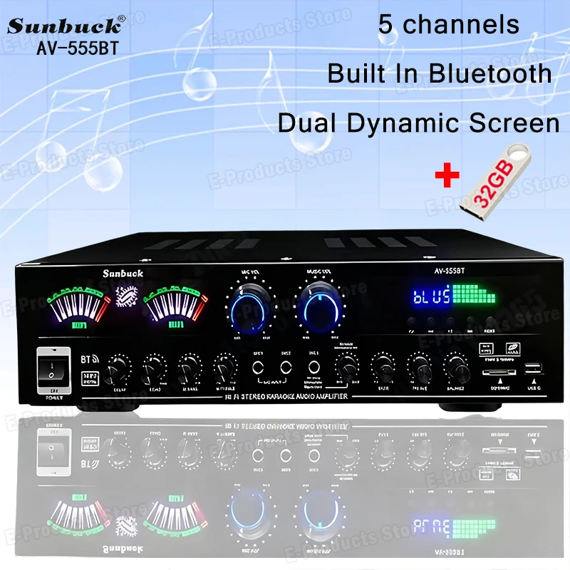 Amplificador de sonido HiFi Bluetooth AV-555BT con pantalla dinámica dual SUNBUCK 555BT, amplificador estéreo digital para el hogar, coche, teatro, karaoke.