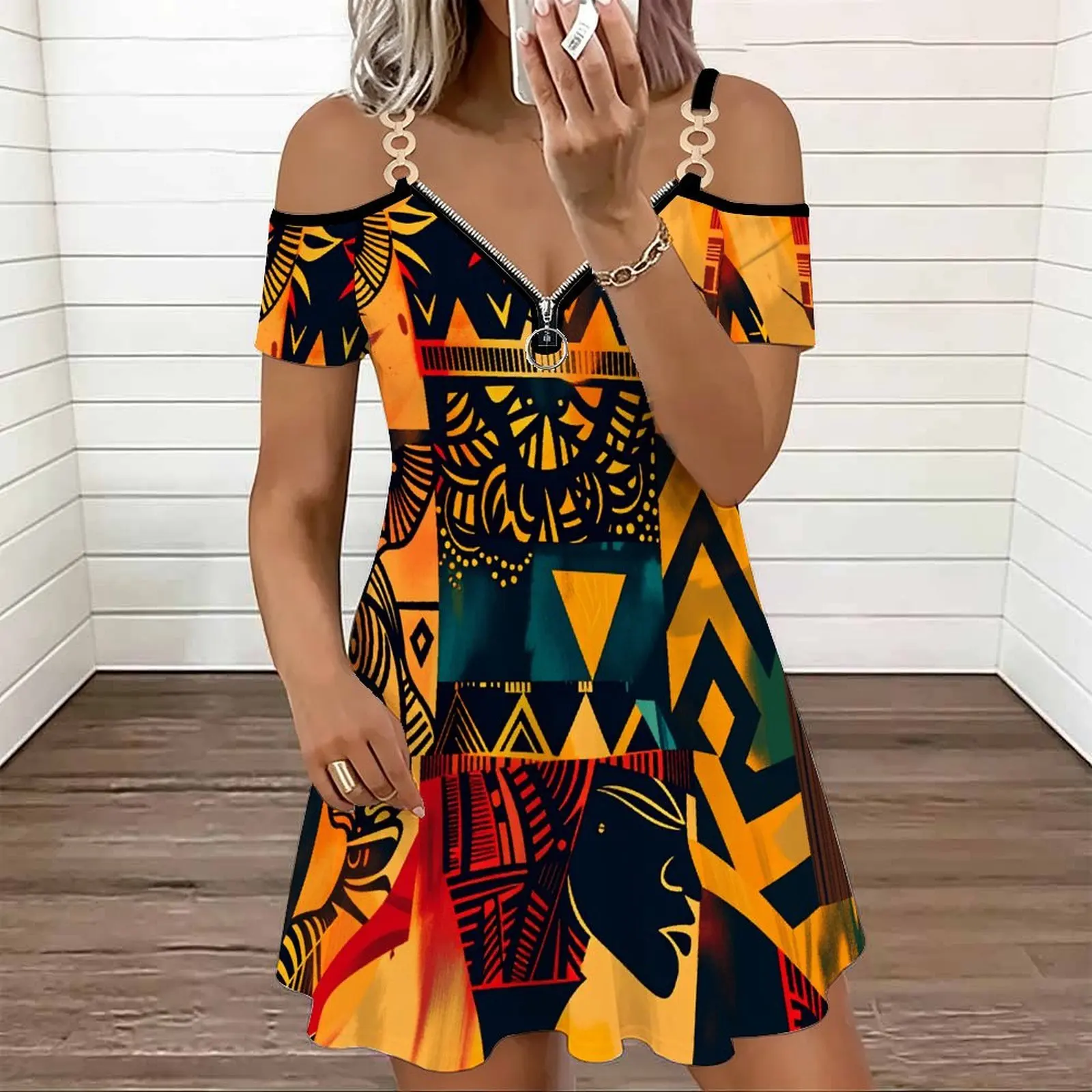 Retro Fashion Cold‑shoulder Double Strap V‑neck Zipper Ladies Mini Skirt Spring Summer Casual Dress Beach Vacation Party Dress