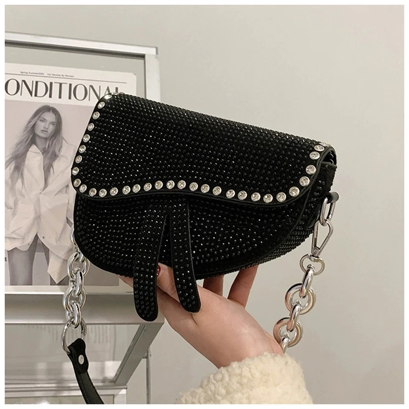 2024 New For Women Fashion Small Saddle Bags Bright Diamond Luxury Crossbody Ladies Underarm Shoulder Bag Brand Design handbags