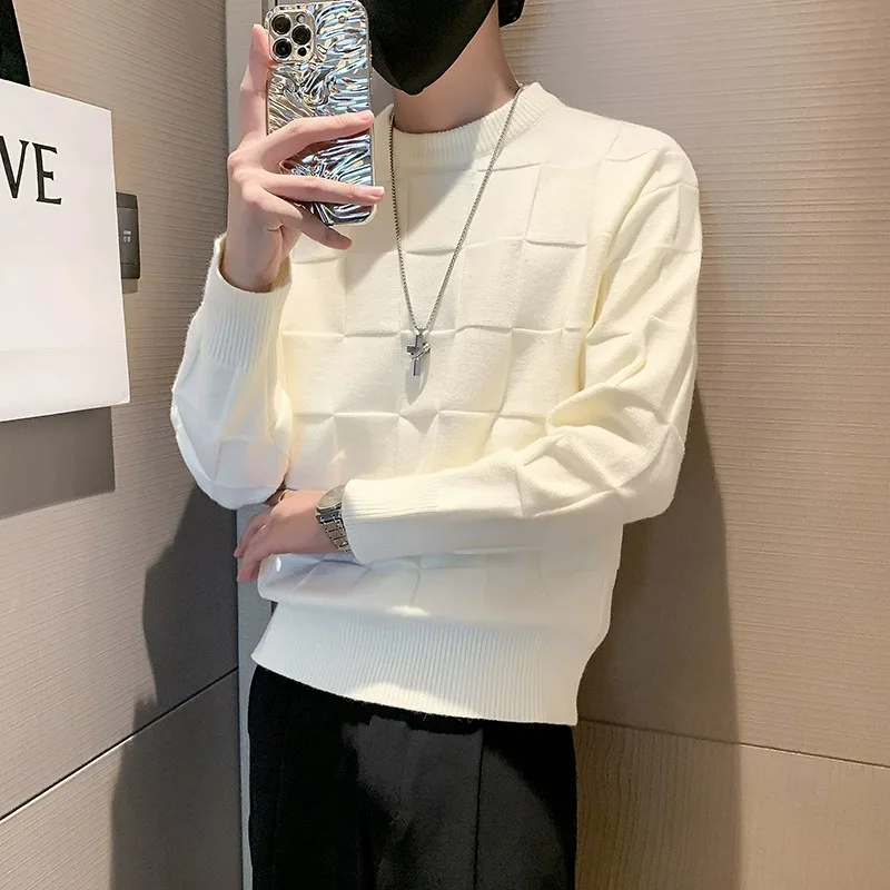 

White Plaid Knitwear Men's Lazy High-End round Ne Autumn Winter Inner Trendy Brand Knitted irt Base Light Maturi Sle