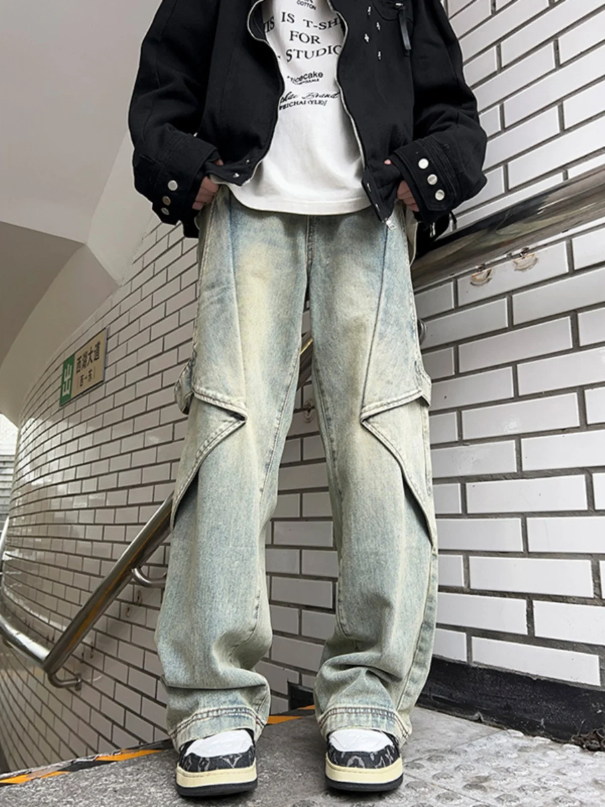 

American Heavy-Du Patchwork Jeans Men's Casual Loose Design Drapey High-Street Sle Long Pants for Teenagers Autumn Season