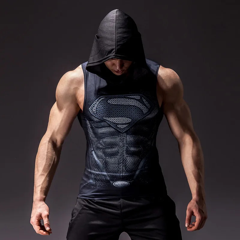 Superman Compression Sleeveless Hooded Tank Top Quick Dry Elastic Gym Fitness Training Sport Vest For Men Birthday Gift
