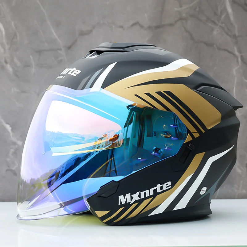 

Double Lens Half Helmet Mxnrte Black Gold Helmet Motorcycle Off-Road Safety Helmet DOT Approved Casco Casque Men and Women