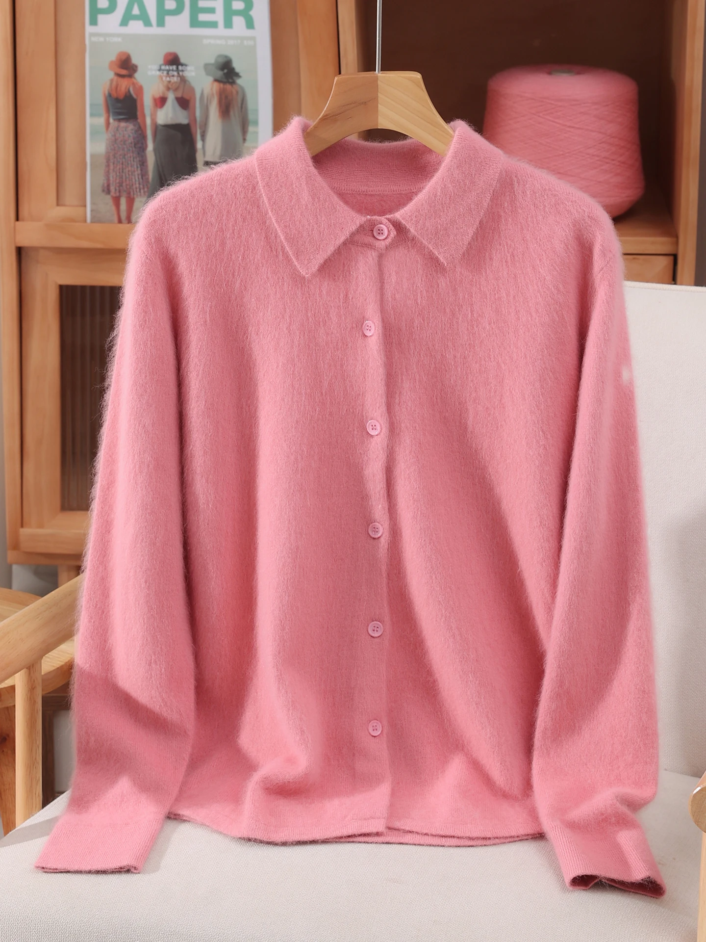 

TLOML Women's 100% Mink Cashmere Knitwear Turn-Down Collar Buttons Cardigan Autumn Winter Cashmere Sweater Soft Warm Casual Tops