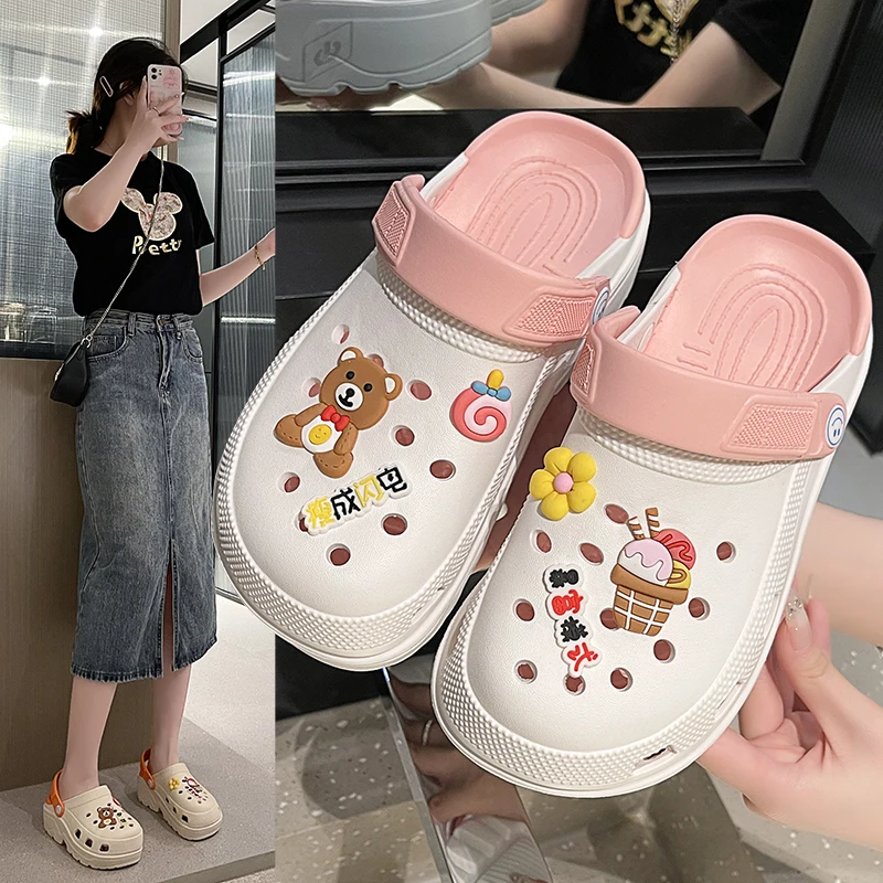 Zuecos de cuña clásicos para mujer, calzado de jardín a la moda para mujer, zuecos de enfermera de Eva suaves con suela gruesa, zapatillas de playa huecas de dibujos animados