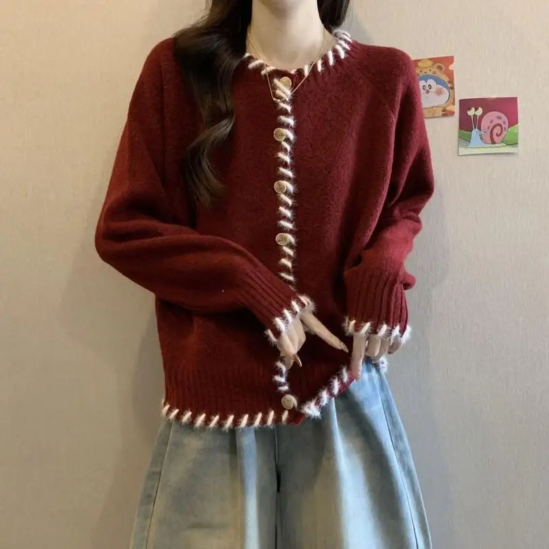 

Women's Coat winter autumn Jacket Outerwear Warm Fleece Lined Design Red Knit Cardigan Plus Size Lazy Loose Top