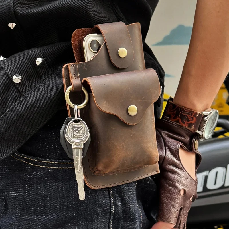 

Винтажная поясная сумка из натуральной кожи с креплением для телефона, мужская сумка на ремень, чехол-кошелек для телефона