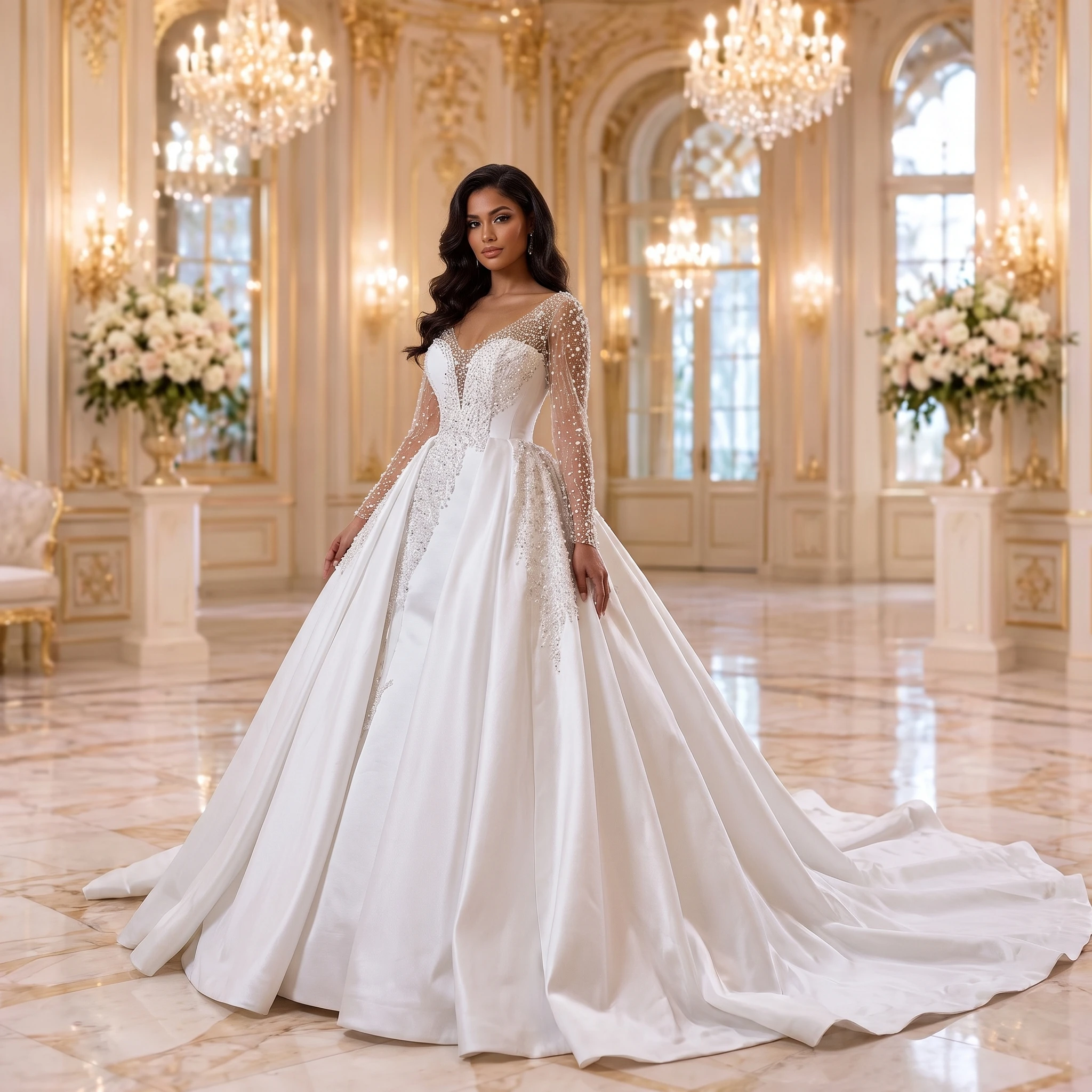 Elegant White Ball Gown Customized Wedding Dress O Neck Beaded Long Sleeves Satin Cathedral Train vestidos de novia boda