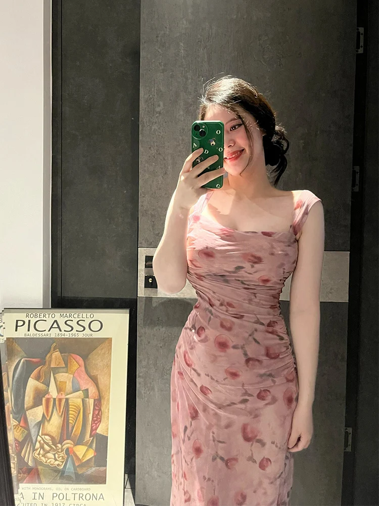 

SYJ Large Size Floral Print Halter Dress Women's Sweet Plump Gentle Long Dress Casual Style Slimming High Waist Skirt