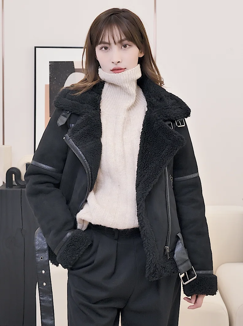 Winter 2024 Women\'s Warm Padded Suede Artificial leather Lamb Jacket Short motorcycle jacket synthetic sheepskin leather jacket