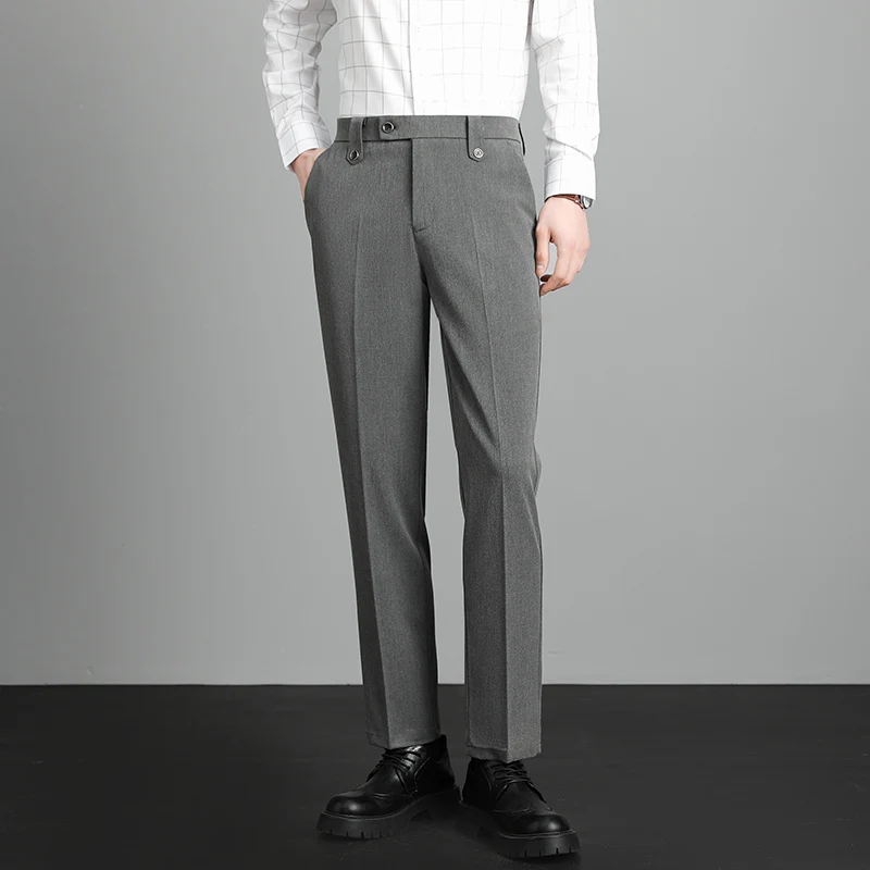 OUSSYU Brand High Quality Business Suit Ankle Length Pants Men Grey Khaki Waist Design Work Office Formal Long Trousers Male - Detail 1