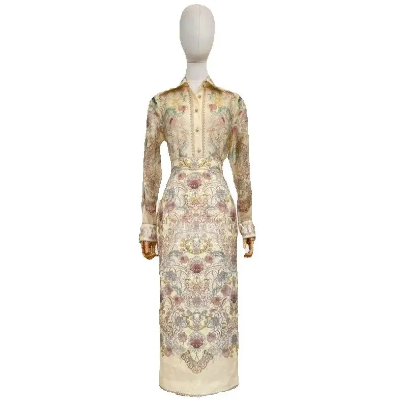 Traje Vintage con estampado Floral para mujer, blusa Beige de manga larga, Tops, pantalones cortos y falda, conjunto de moda de otoño 2026