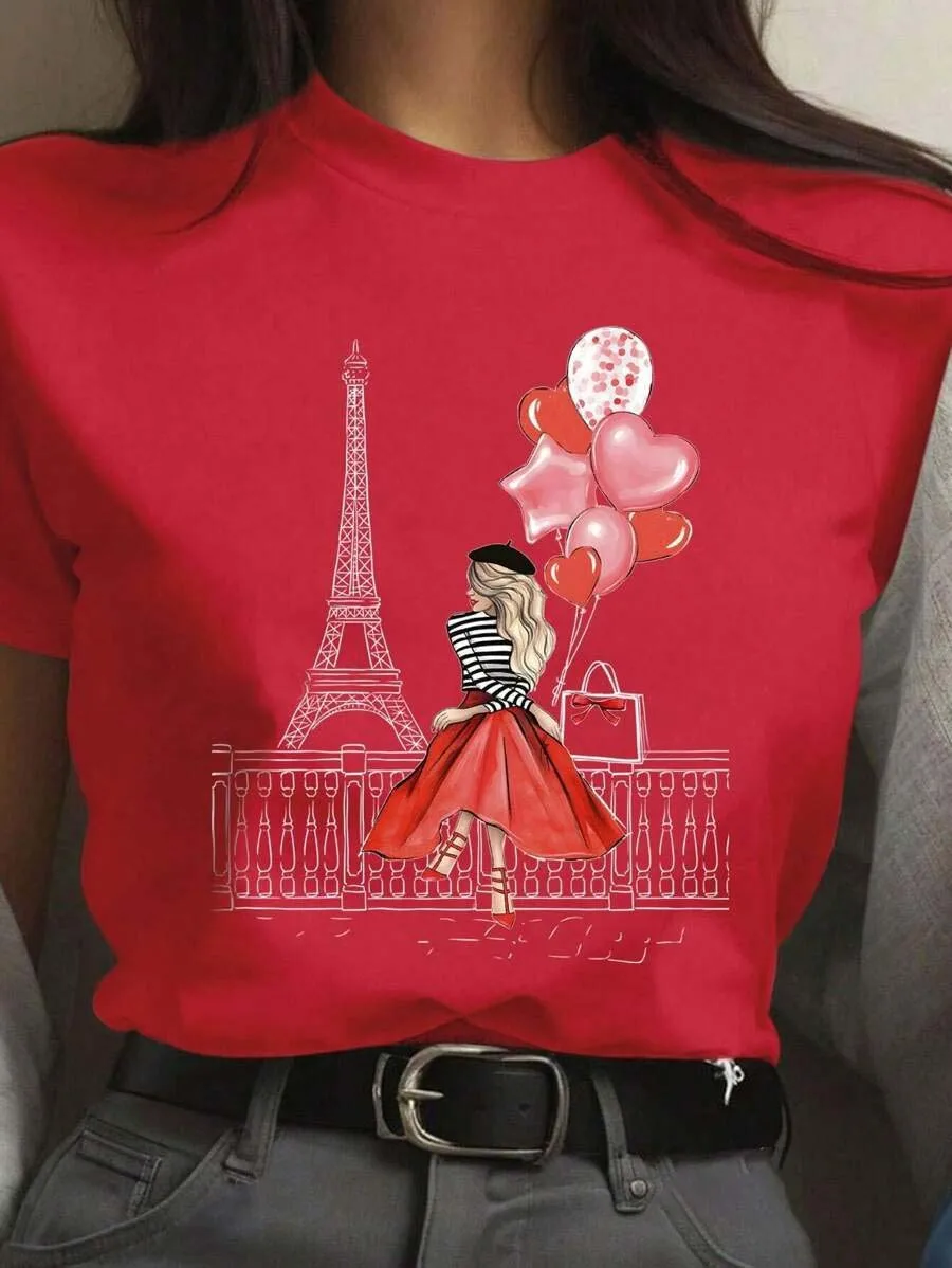 

Plus - Size French Romantic Graphic Tee, Short - Sleeve with Eiffel Tower & Fashion Woman Print