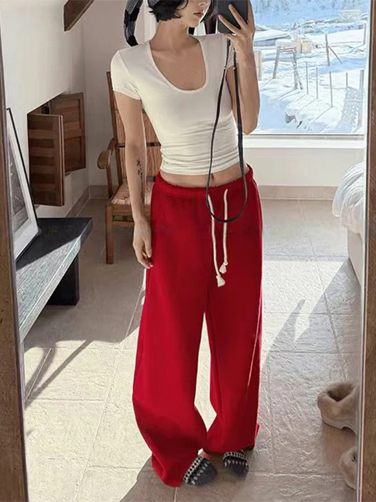 

Женские повседневные брюки с высокой талией и широкими штанинами, красные, свободные, прямые, спортивные, осенне-зимние, новые, удобные, стройнящие