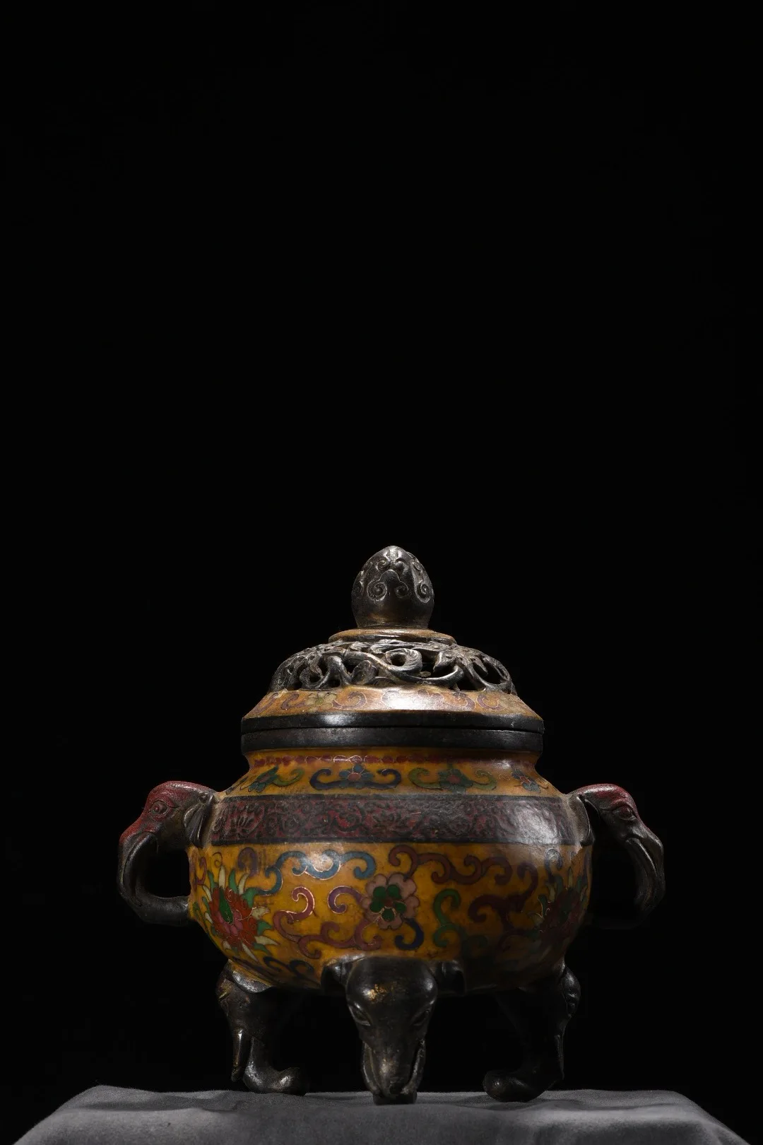 

8"Tibetan Temple Collection Old Bronze Cloisonn Enamel Lotus pattern hollow out Elephant Head Ear Incense Burner Town house