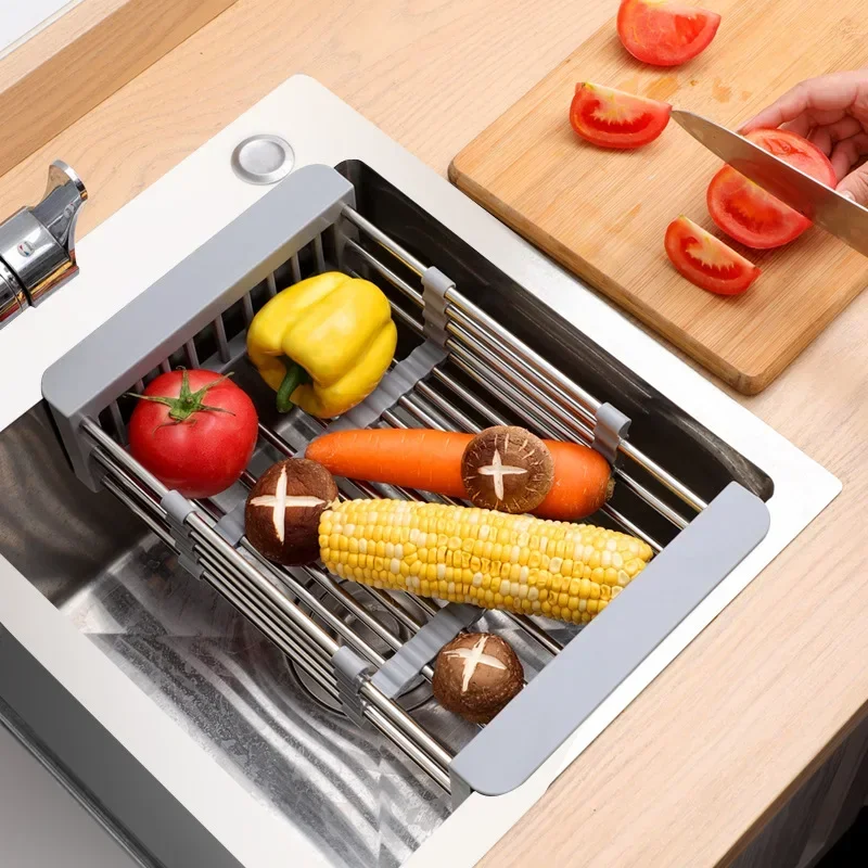 Stainless Steel Extendable Dish Drying Rack Kitchen Sink Rack Drainer Tools Telescopic Fruit Vegetable Washing Drainer