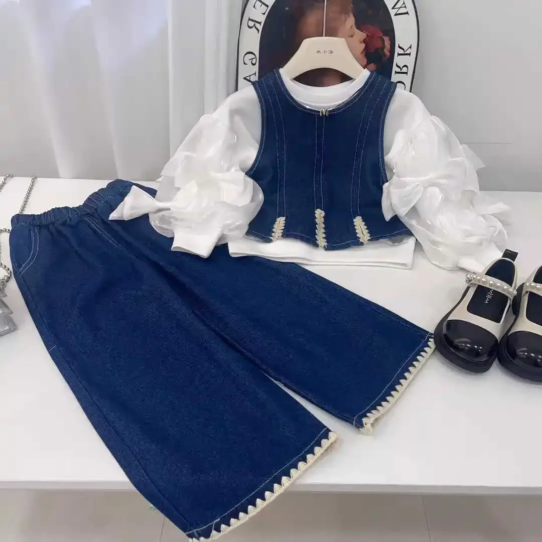 

Korean Sle Girls Children's Wide Leg Pants Tee Piece Set Autumn New Faion Fake Denim Spring Autumn Clothes for Kids