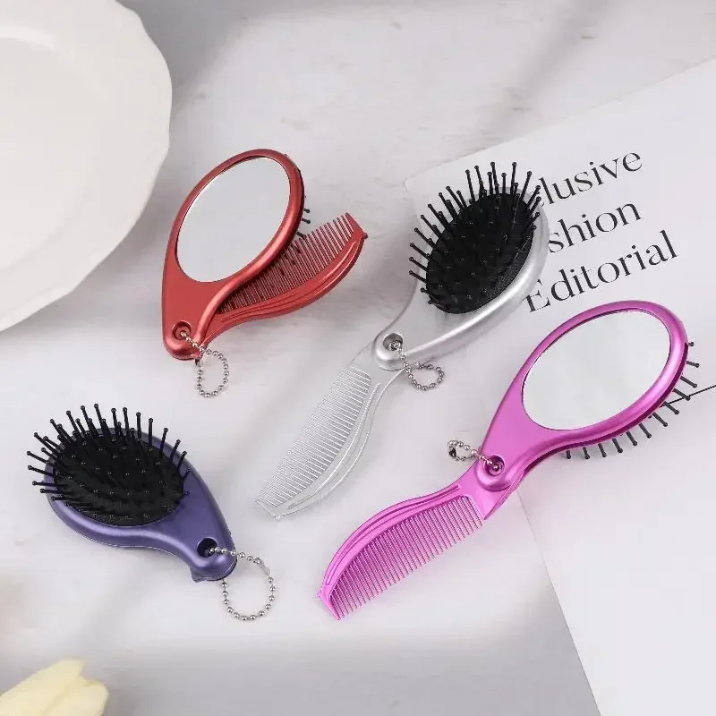 3-in-1 tragbare Haarbürste mit Spiegel und Flachkopfkamm, faltbar, mit doppeltem Verwendungszweck, Massagefunktion, trendiger Luftkissenkamm