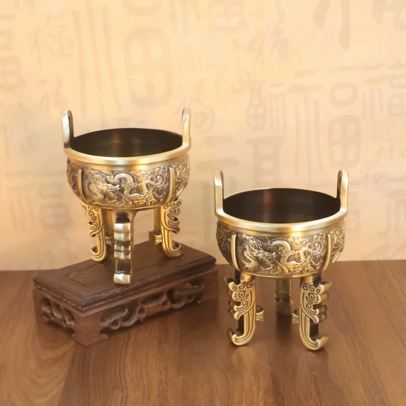 Brass Three-Legged Nine-Clawed Dragon Indoor Buddha Worship God Ornament Wealth-Attracting Incense Burner