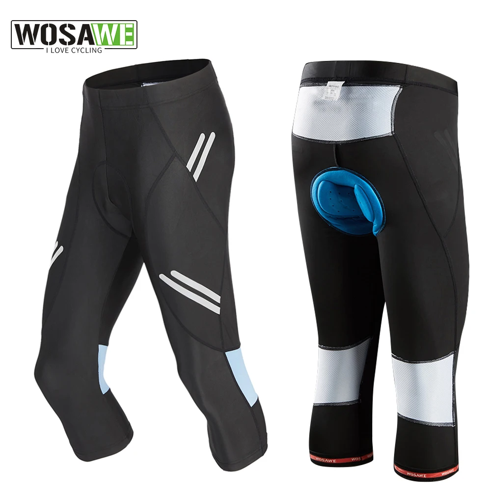 WOSAWE Men's Cycling Cropped Pants Calf-Length Reflective Bike Tights Clothing 3D Gel Padded Riding MTB Spinning Bicycle Shorts