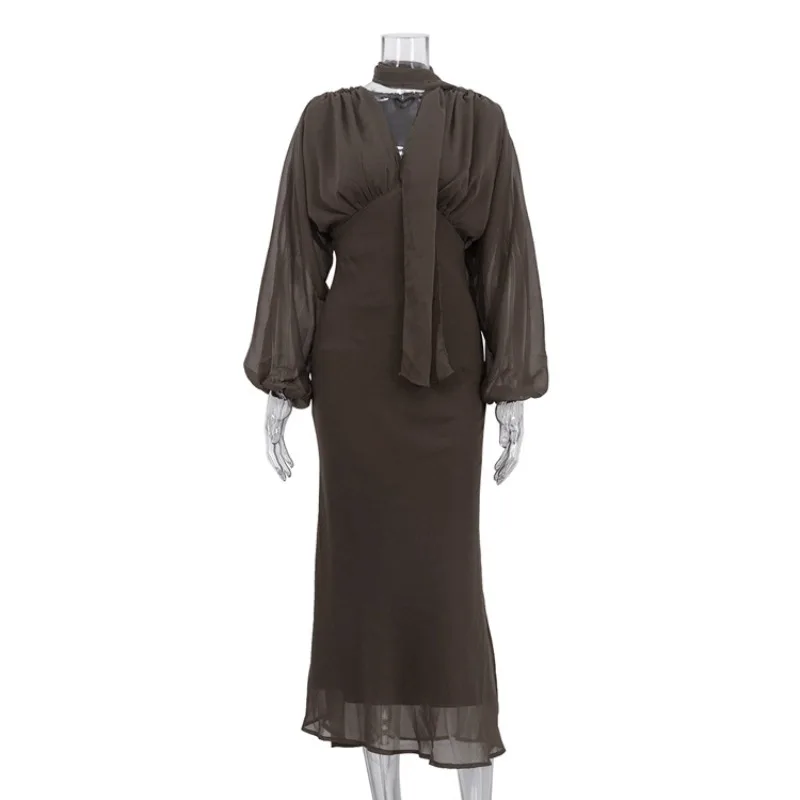 

Temperament Women's Autumn Design Pleated Dress Fashion Scarf V-Neck Long Sleeve Hip Wrap Dress