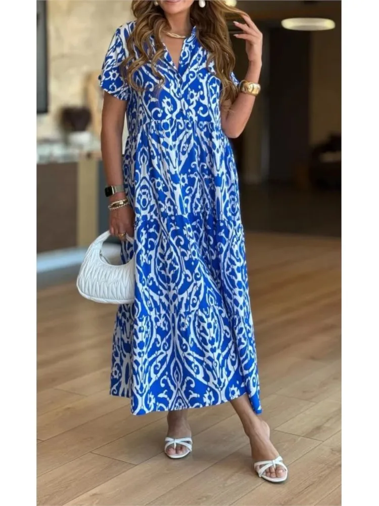 

Lady Fashion Print Dress Casual Short Sleeve Turn-down Collar Pullover Loose Dresses For Women Holiday Womens Clothing Summer