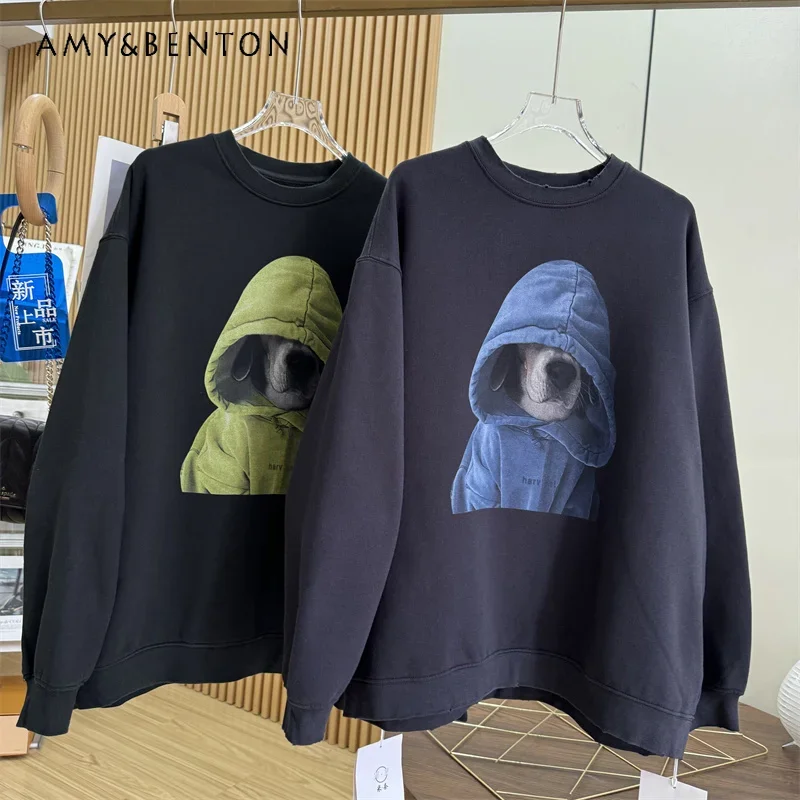 

New Autumn Fleece Sweatshirt High Quality Thickened Pure Cotton Medium And Long Cartoon Printing Loose Oversize BF Style Hoodies