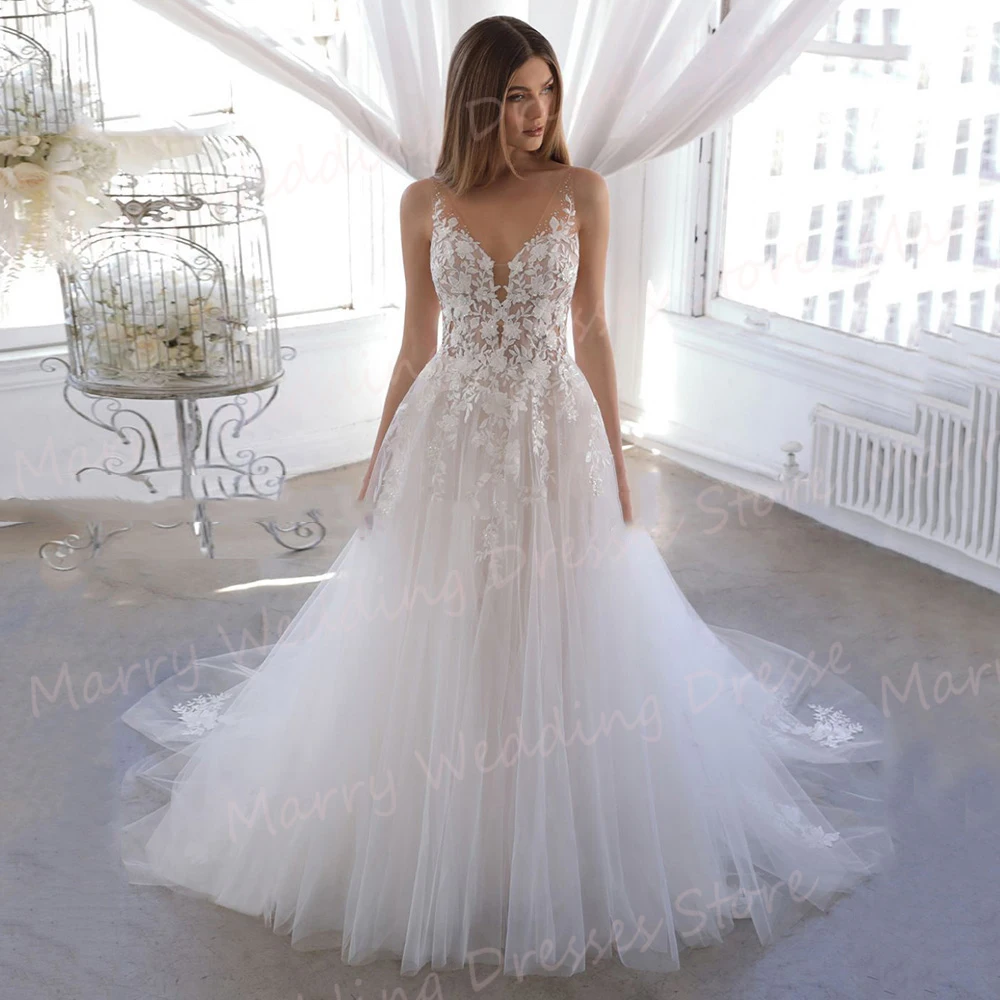 

Exquisite Classic A Line Women's Wedding Dresses Modern Appliques Lace V Neck Bride Gowns Sleeveless Backless Vestidos De Novia