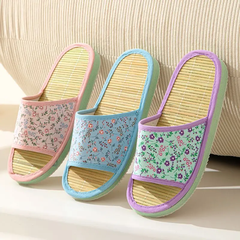 Summer Slippers Home Bamboo Mat Bottom Sandals Floor Shoes for Women Rattan Grass EVA Bottom Elastic Slides zapatos de mujer