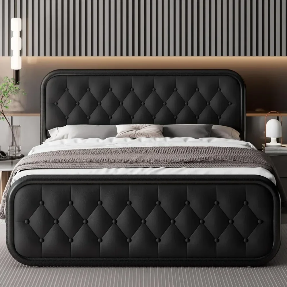 Queen Bed Frame, Heavy Duty Bed Frame with Faux Leather Headboard, Upholstered Beds with Strong Metal Slats, 12