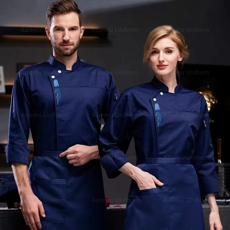 Uniforme de Chef de manga corta para hombre, camisa de Chef transpirable blanca, chaqueta de Chef negra para restaurante, delantal, ropa de trabajo con logo para mujer