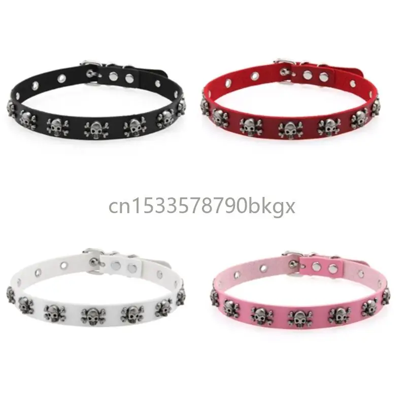 

Edgy PU Leather Choker With Metal Skull Charm Gothic Punk Necklace Collar J78E