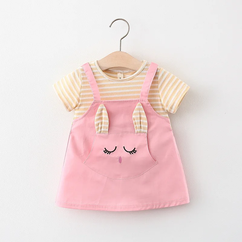 Summer Baby Cartoon Cat Dress Striped Short Sleeve Top Suspended Princess Dress 0-3 Year Old Girls\' Clothing