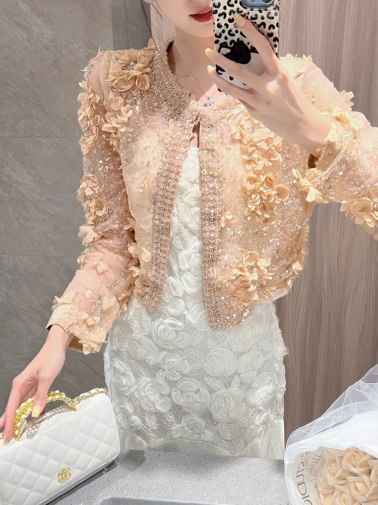 

Ele round Ne Open Cardigan Outerwear iny Sequin Heavy Work Slim Fit Long Sve Summer Sun Protection Top for Women