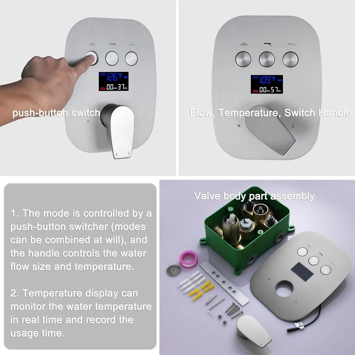 

Dual Ceiling Wall-Mounted Thermostatic Faucets Brushed Nickel Rain Jet Soft Spray Temperature Display Faucet Set-Made Brass