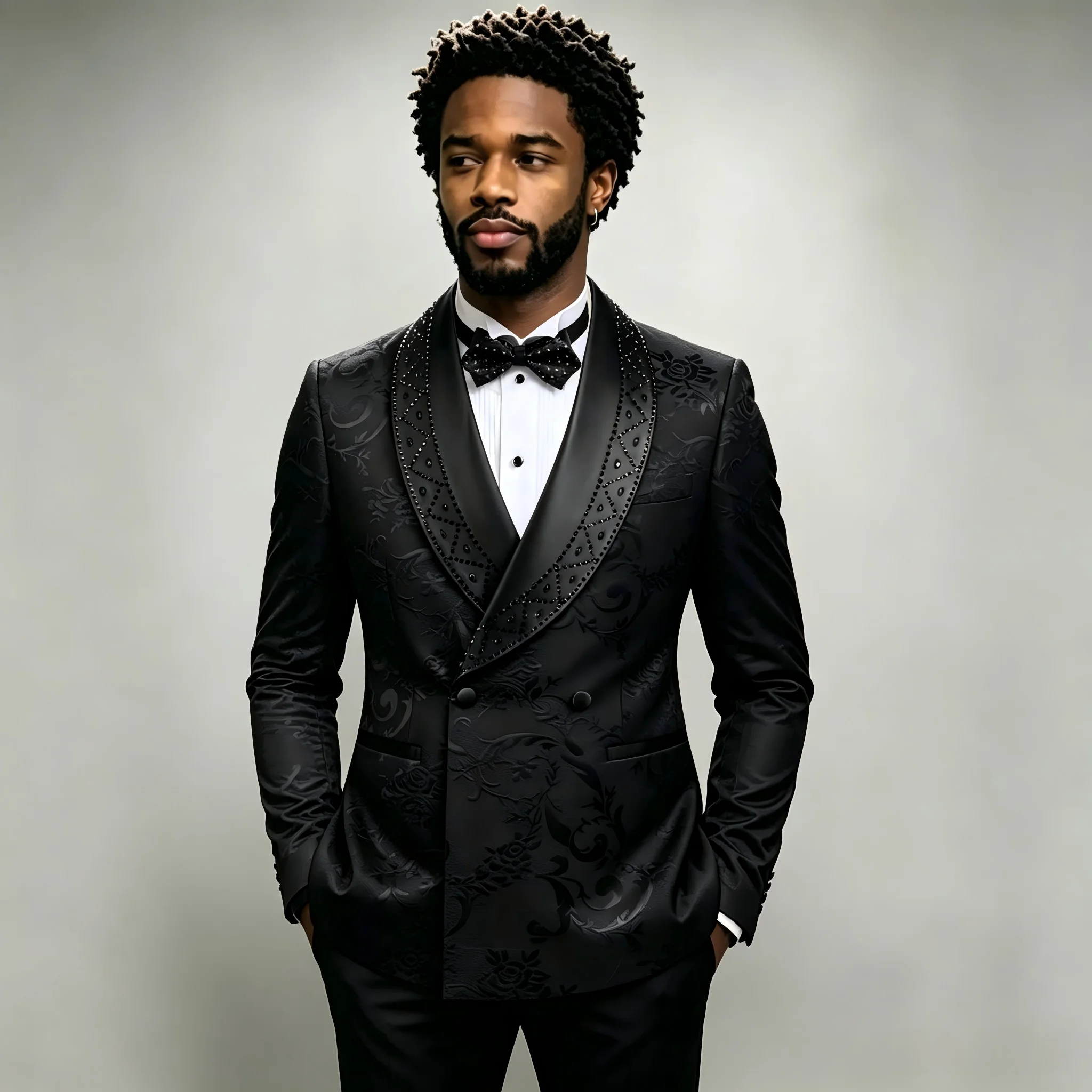 Black Jacquard Double Breasted Men's 2-Piece Formal Suit Set Shawl Lapel Beads Crystals , Wedding Groom Suit Tuxedo Blazer Pants