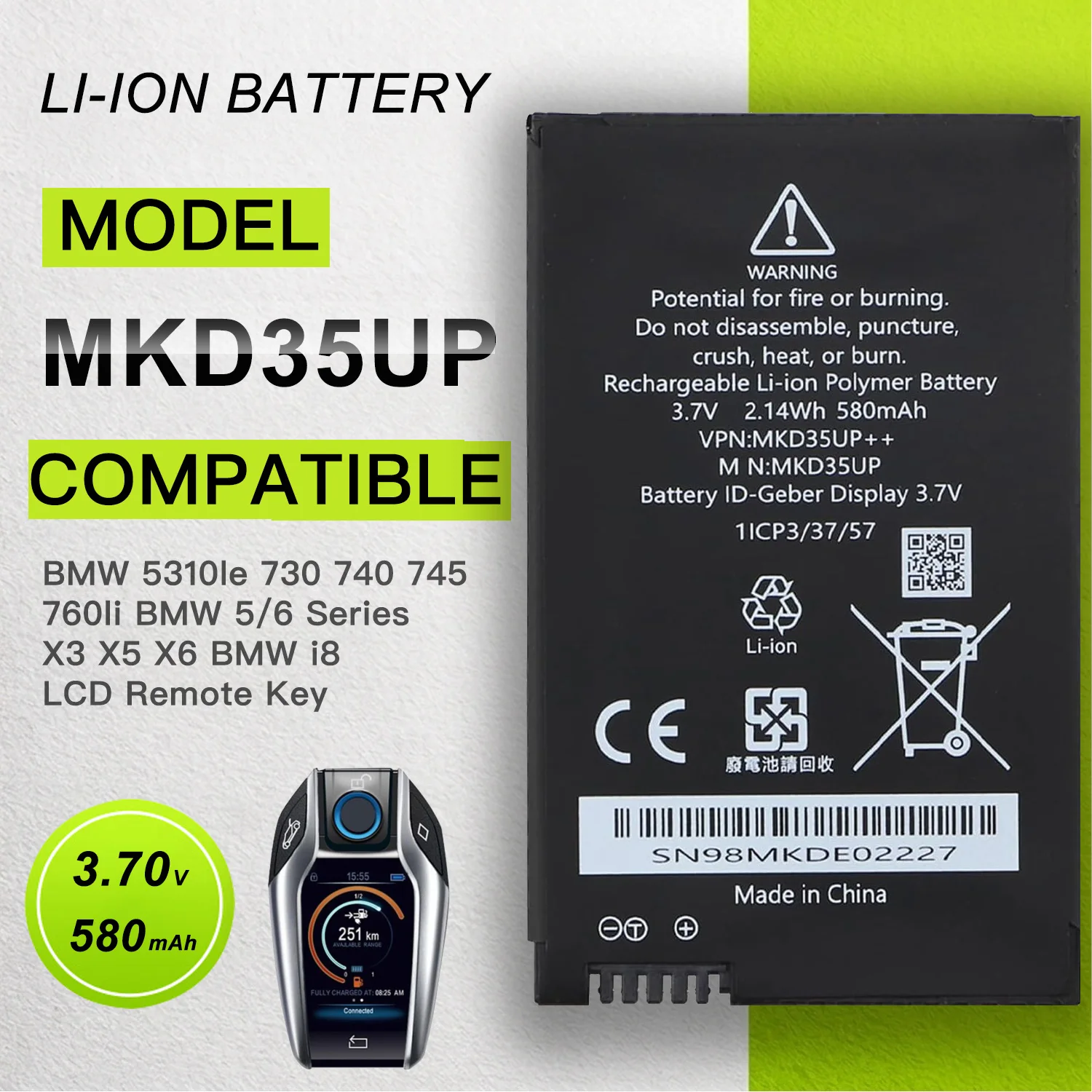 MKD35UP Replacement Battery For BMW 5 6 7 Series GT X3 X4 X5 X6 730 740 745 530 i8 LCD Remote Key Battery