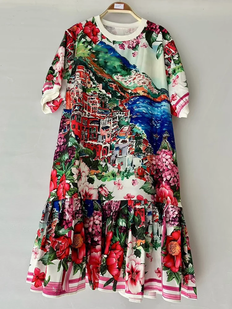 Abito ampio a maniche corte con stampa geometrica dello stilista. Nuovo skir dritto corto pieghettato dal temperamento elegante da donna estivo