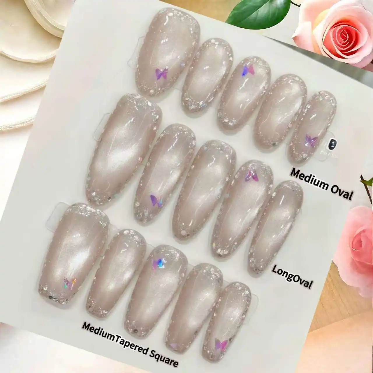 

10PCS“Gemstone Garden” — Sparkling Cat Eye Floral Wreath with Sequins, Elegant Brightening Handmade Press-On Nails With 4-PIECE