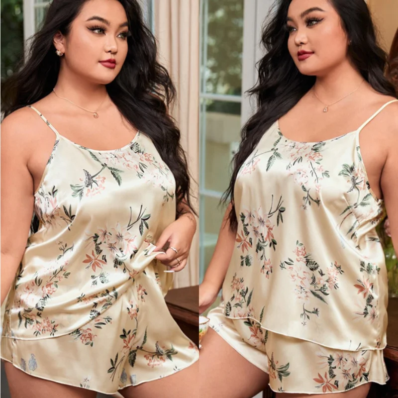 Large Size XL-5XL Strap Cami&Shorts Suit For Women Satin Two Pieces Sleep Set Print Flower Home Clothes Lounge Wear Nightgown