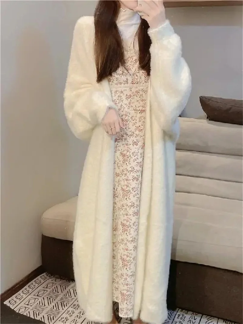 White Faux Mink Fur Knitted Coat for Women Mid to Long Pure Desire Style Loose and Lazy Winter Style Cardigan Sweater Thickened