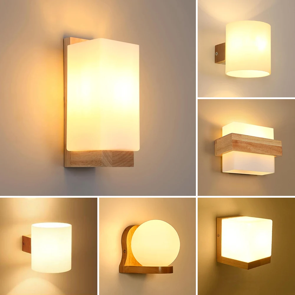Nordic Wood Wall Lamps with Glass Shade Home Indoor Decor Sconce Bedside Lamp Modern Led Wall Light Night Lights Fixtures E27