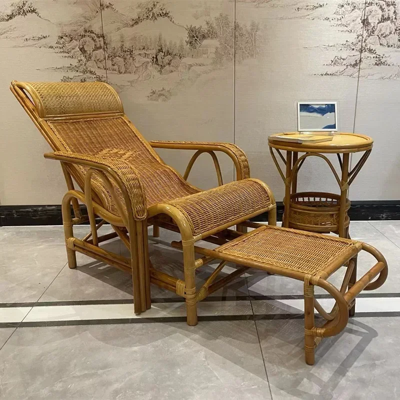 Wicker Lounger Natural Real Rattan Elderly Adult Lunch Break Chair Outdoor Leisure Rattan Rattan Chair Balcony Recliner Outdoor