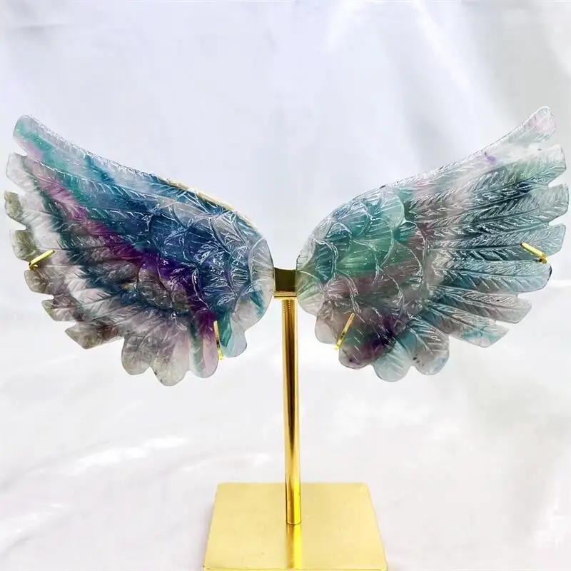 

12cm Natural Rainbow Fluorite Angel Wings Crystal Carving Crafts Healing Energy Stone Fashion Home Decoration Birthday Gift1pair