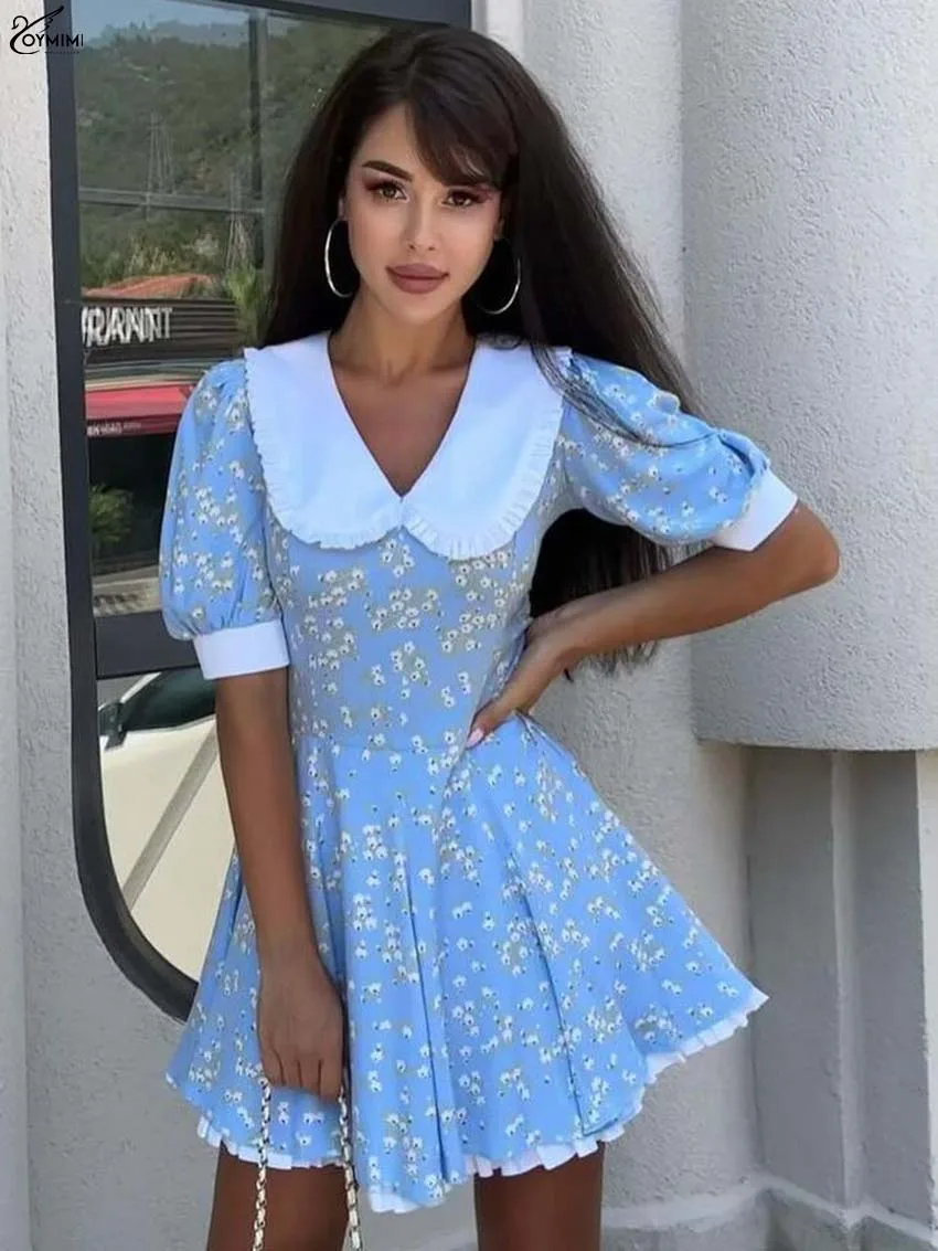 

Oymimi Elegant Black Print Dresses 2025 Woman Fashion Peter Pan Collar Short Sleeve Zipper Dresses Autumn High Waist Mini Dress